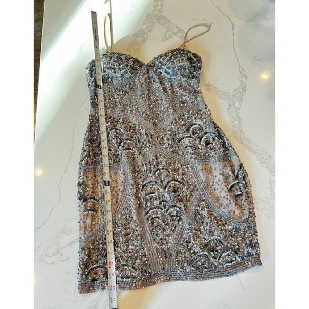 Aiden Mattox Silver Sequin Camisole Dress Size 6 Stone Lining Spaghetti Straps - Picture 7 of 16